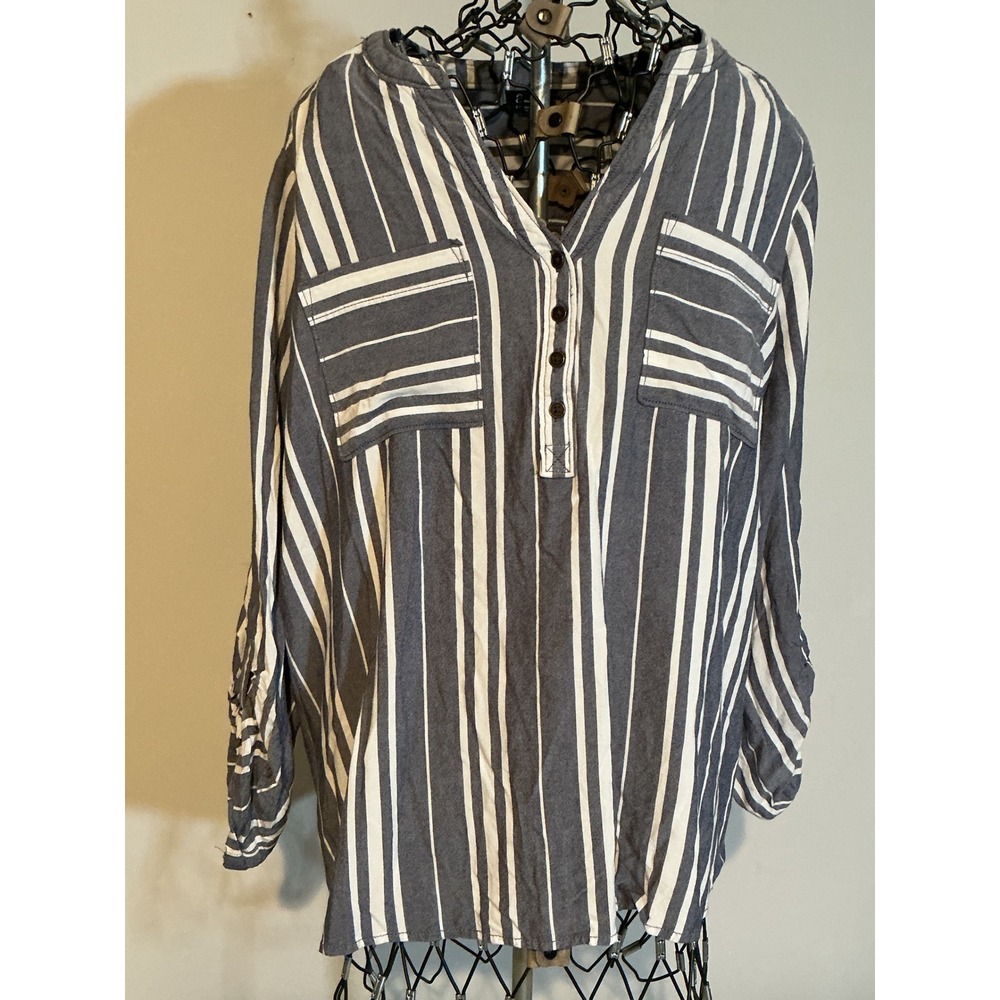 a.n.a A New Approach Womens Blueā White Striped Henley Tunic Blouse Medium